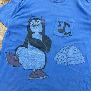 Vintage 80s Stedman Blue Mens L Dancing Penguin Art Graphic Single Stitch Tshirt